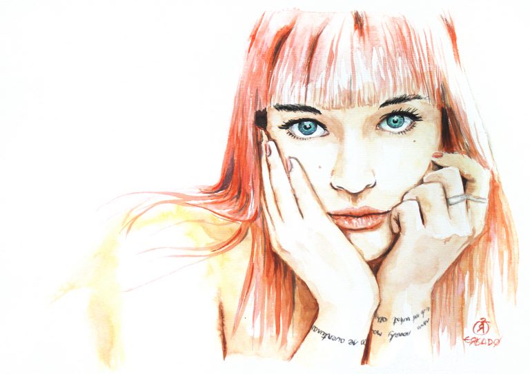 Tchabada, retrato em aquarela da modelo do site Suicide Girls