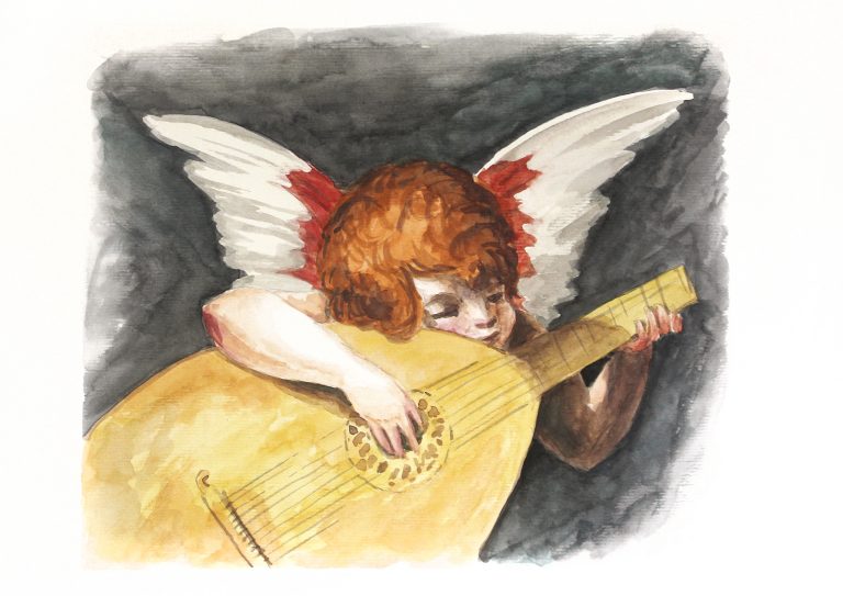 Anjo Músico, repordução em aquarela de obra de Rosso Fiorentino