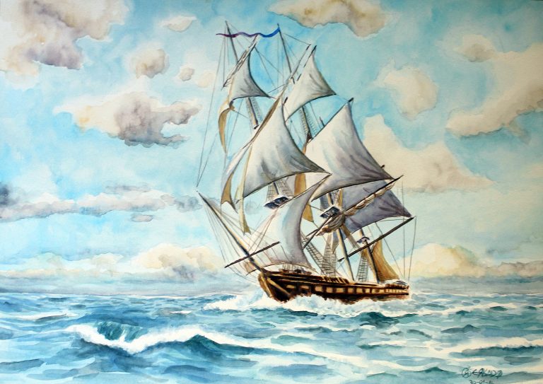 Navio, reprodução em aquarela de obra de Richard C. Moore