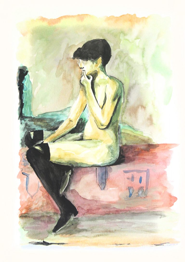 Mulher nua sentada num divã, reprodução em aquarela de obra do Lautrec